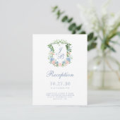 Dusty Blue Floral Crest Wedding Reception Informatiekaartje (Staand voorkant)