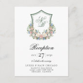 Dusty Blue Floral Crest Wedding Reception Informatiekaartje (Voorkant)