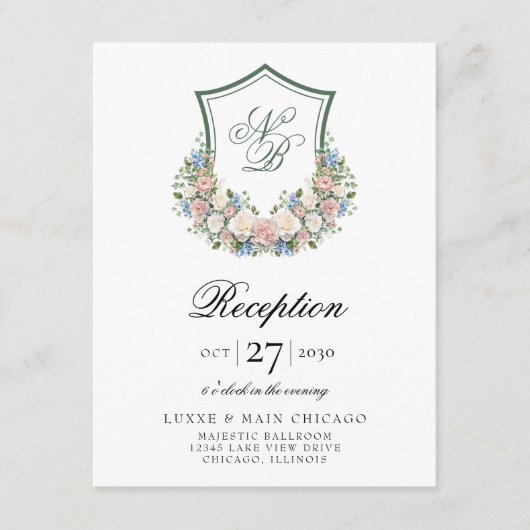 Dusty Blue Floral Crest Wedding Reception Informatiekaartje (Voorkant)