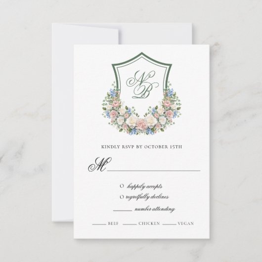 Dusty Blue Floral Crest Wedding Response Card RSVP Kaartje (Voorkant)
