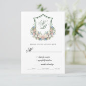 Dusty Blue Floral Crest Wedding Response Card RSVP Kaartje (Staand voorkant)