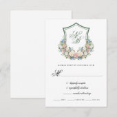 Dusty Blue Floral Crest Wedding Response Card RSVP Kaartje (Voorkant / Achterkant)