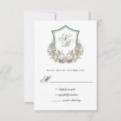 Dusty Blue Floral Crest Wedding Response Card RSVP Kaartje (Voorkant)