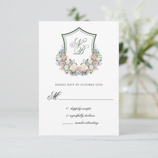 Dusty Blue Floral Crest Wedding Response Card RSVP Kaartje (Staand voorkant)