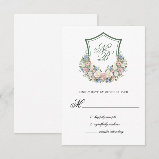 Dusty Blue Floral Crest Wedding Response Card RSVP Kaartje (Voorkant / Achterkant)