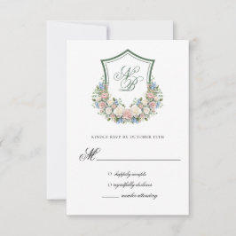 Dusty Blue Floral Crest Wedding Response Card RSVP Kaartje