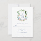 Dusty Blue Floral Crest Wedding Response Card RSVP Kaartje (Voorkant)