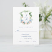 Dusty Blue Floral Crest Wedding Response Card RSVP Kaartje (Staand voorkant)