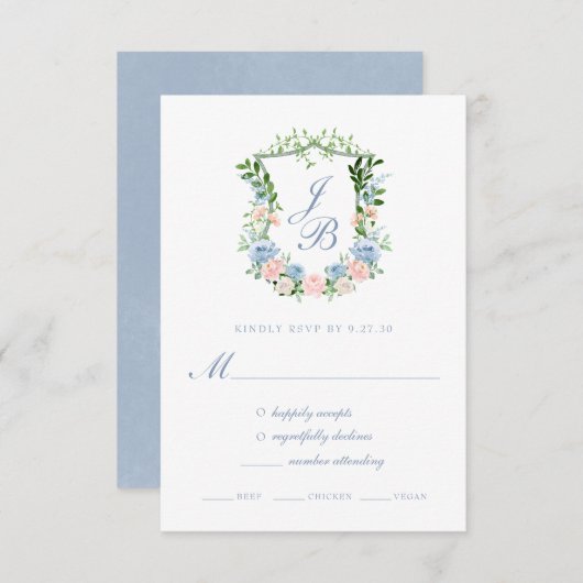 Dusty Blue Floral Crest Wedding Response Card RSVP Kaartje (Voorkant / Achterkant)