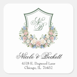 Dusty Blue Floral Crest Wedding Return Address Vierkante Sticker
