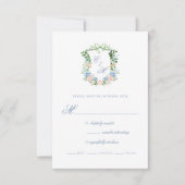 Dusty Blue Floral Crest Wedding RSVP Kaartje (Voorkant)