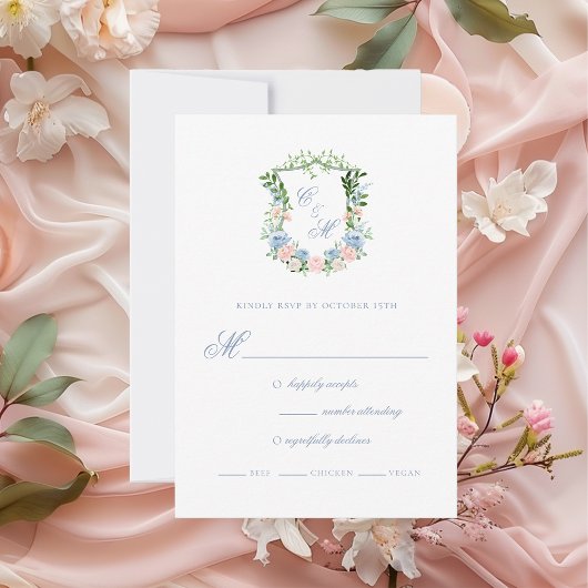 Dusty Blue Floral Crest Wedding RSVP Kaartje