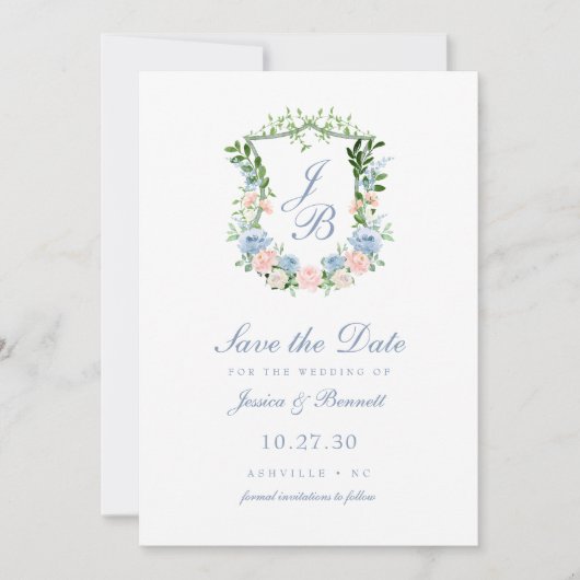 Dusty Blue Floral Crest Wedding Save the Date (Voorkant)