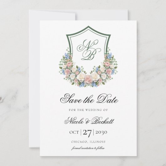 Dusty Blue Floral Crest Wedding Save The Date (Voorkant)