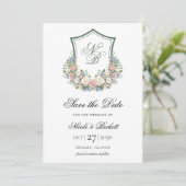 Dusty Blue Floral Crest Wedding Save The Date (Staand voorkant)