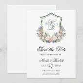 Dusty Blue Floral Crest Wedding Save The Date (Voorkant / Achterkant)