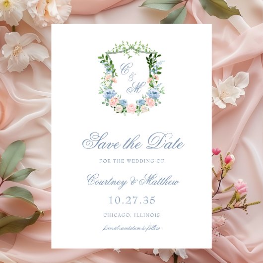 Dusty Blue Floral Crest Wedding Save The Date