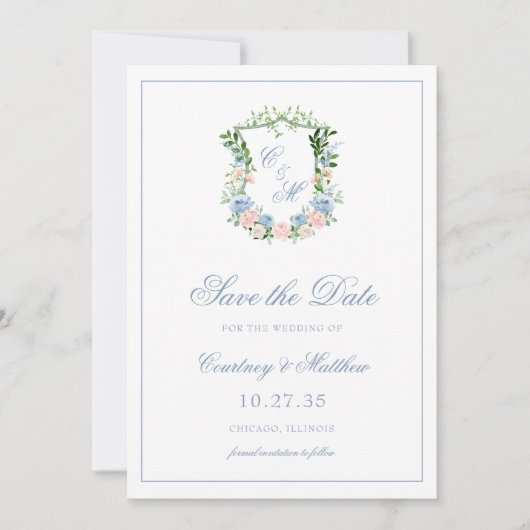 Dusty Blue Floral Crest Wedding Save The Date (Voorkant)