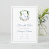 Dusty Blue Floral Crest Wedding Save The Date (Staand voorkant)