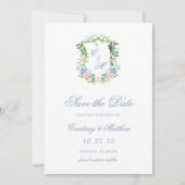 Dusty Blue Floral Crest Wedding Save The Date (Voorkant)