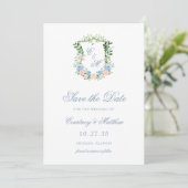 Dusty Blue Floral Crest Wedding Save The Date (Staand voorkant)