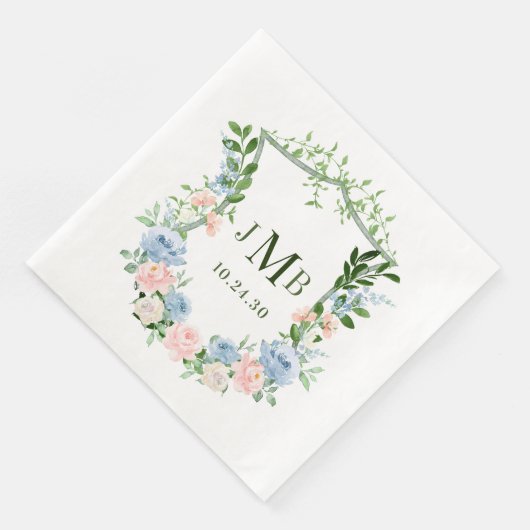 Dusty Blue Floral Crest Wedding Servet (Hoek)