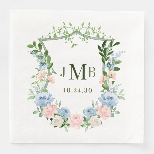 Dusty Blue Floral Crest Wedding Servet (Voorkant)