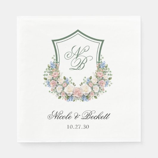 Dusty Blue Floral Crest Wedding Servet (Voorkant)