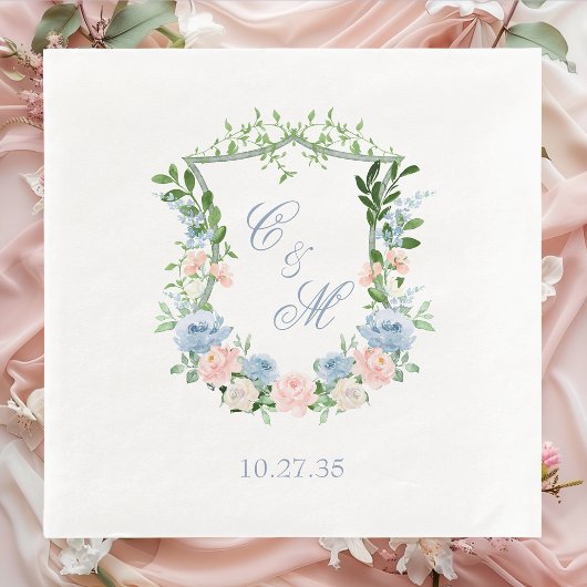 Dusty Blue Floral Crest Wedding Servet