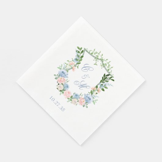 Dusty Blue Floral Crest Wedding Servet (Hoek)