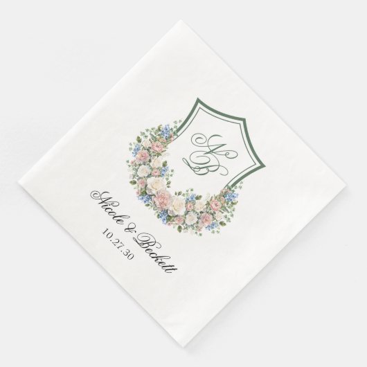 Dusty Blue Floral Crest Wedding Servet (Hoek)