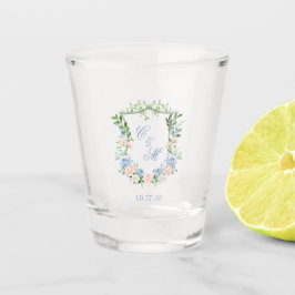 Dusty Blue Floral Crest Wedding Shot Glas