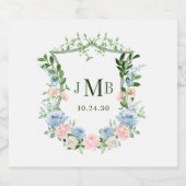 Dusty Blue Floral Crest Wedding Sparkling Wijnetiket (Enkel label)