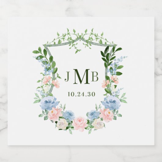 Dusty Blue Floral Crest Wedding Sparkling Wijnetiket (Enkel label)