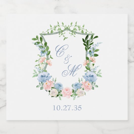 Dusty Blue Floral Crest Wedding Sparkling Wijnetiket (Enkel label)