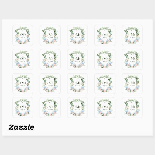 Dusty Blue Floral Crest Wedding Vierkante Sticker (Vel)