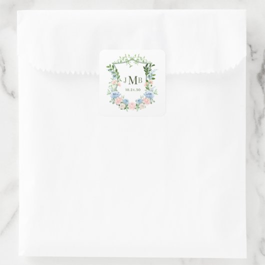 Dusty Blue Floral Crest Wedding Vierkante Sticker (Tas)