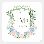 Dusty Blue Floral Crest Wedding Vierkante Sticker (Voorkant)