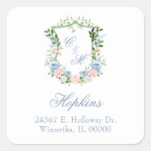 Dusty Blue Floral Crest Wedding Vierkante Sticker (Voorkant)