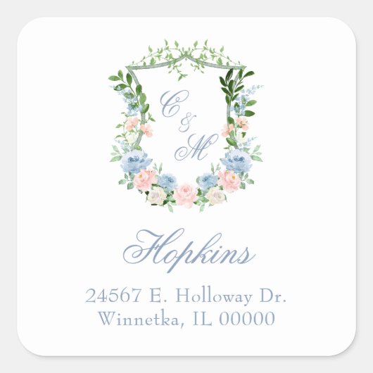 Dusty Blue Floral Crest Wedding Vierkante Sticker (Voorkant)