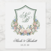 Dusty Blue Floral Crest Wedding Wijn Etiket (Enkel label)
