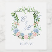 Dusty Blue Floral Crest Wedding Wijn Etiket (Enkel label)