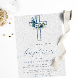 Dusty Blue Floral Cross Baby Doop Kaart