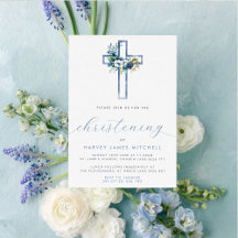 Dusty Blue Floral Cross Baby doopsel