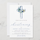 Dusty Blue Floral Cross Baby doopsel Kaart (Voorkant)