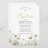 Dusty Blue Floral Cross Boy Doopsel Kaart (Voorkant / Achterkant)