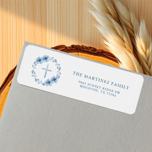 Dusty Blue Floral Cross Christelijk retouradres Etiket