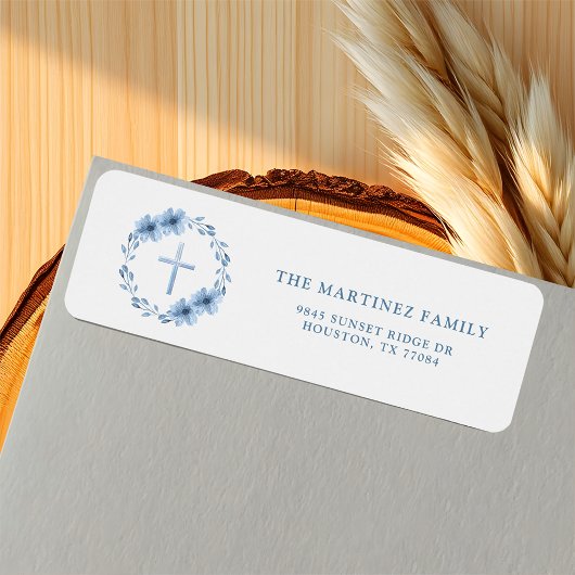 Dusty Blue Floral Cross Christelijk retouradres Etiket