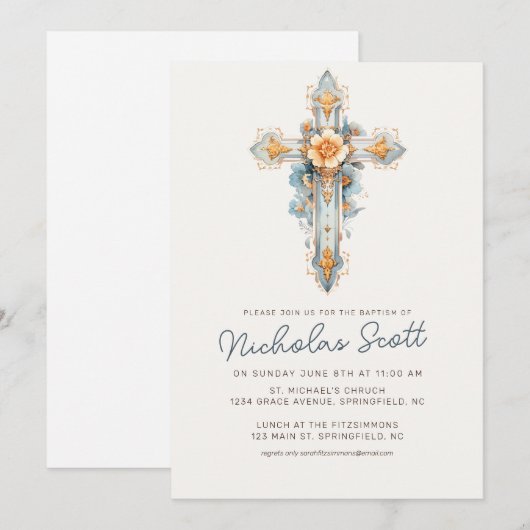 Dusty Blue Floral Cross Doop Uitnodiging (Voorkant / Achterkant)