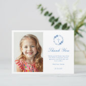 Dusty Blue Floral Cross Meisjes Eerste Communie Bedankkaart (Staand voorkant)
